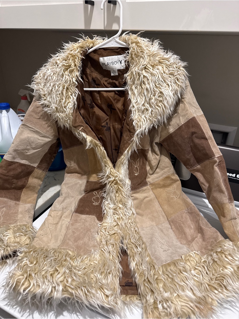 Vintage Y2K PLAYBOY Patchwork Faux Suede Teddy Jacket in Beige & Brown